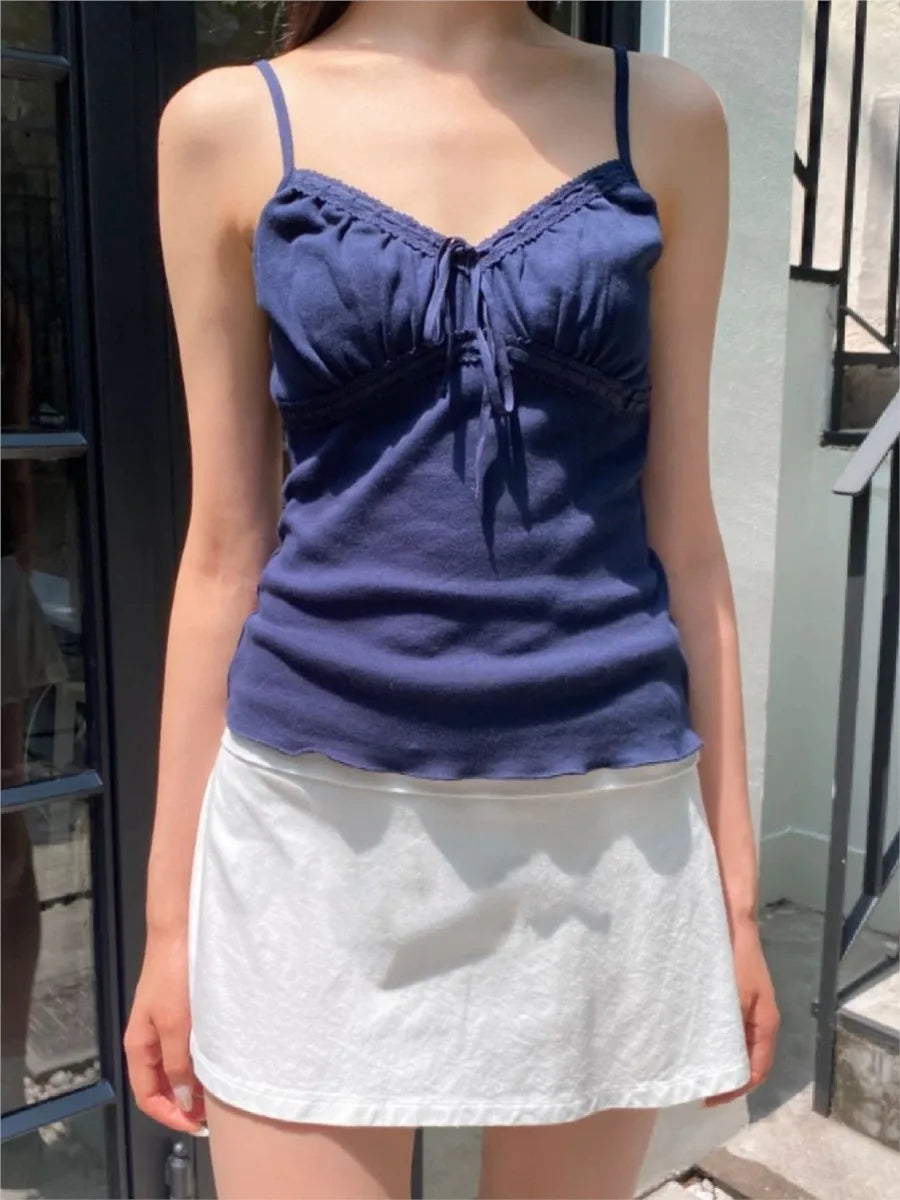 Gray Folds Lace-up V-neck Tank Tops Women Summer Casual Lace Cotton Slim Sleeveless Vests Sweet Cute Preppy Style Camisole