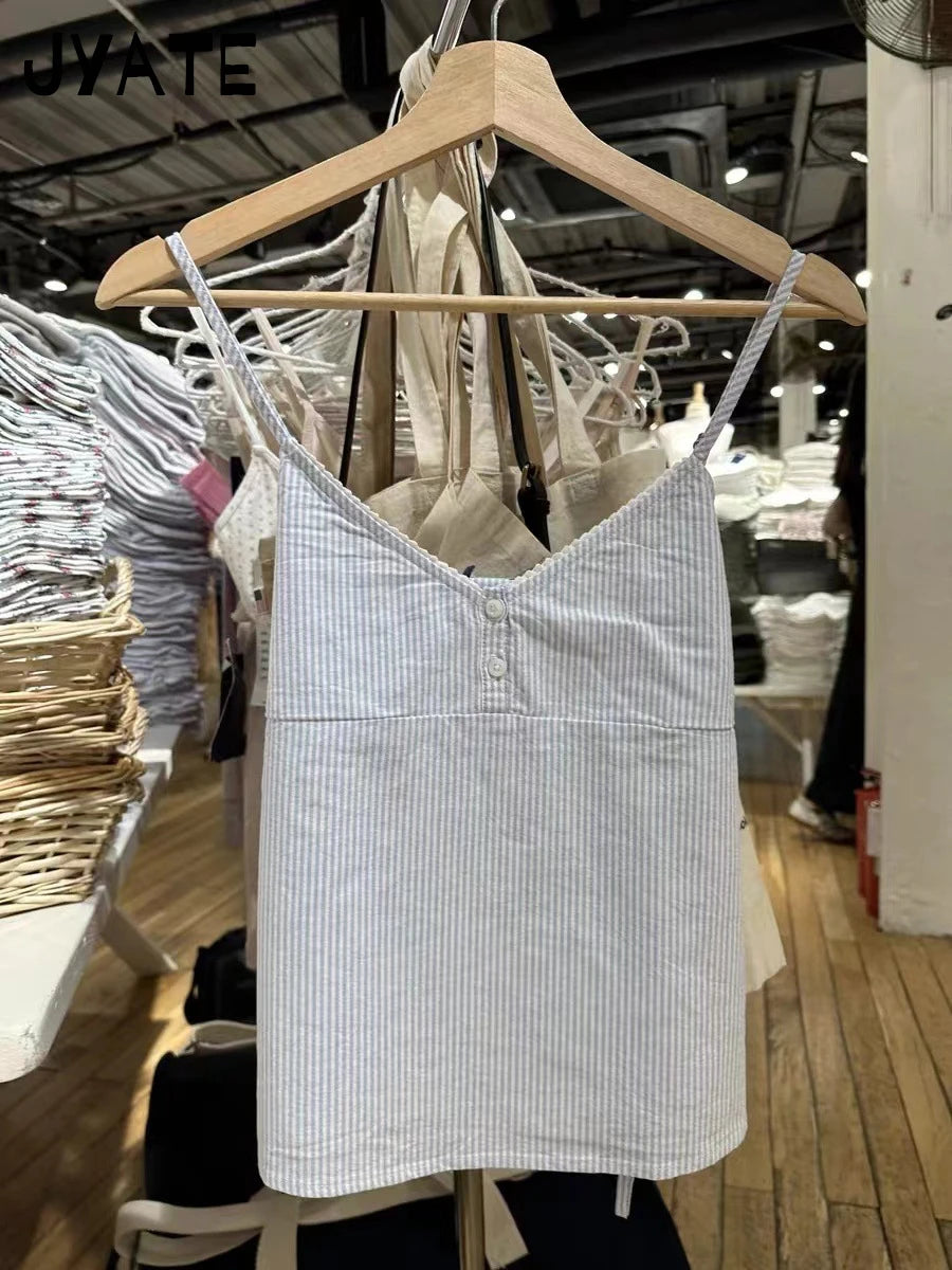 New Blue Striped Buttons Tank Tops Women Summer Casual V-neck Lace Trim Sleeveless Vests Sweet Vintage Preppy Style Camisole Y2K