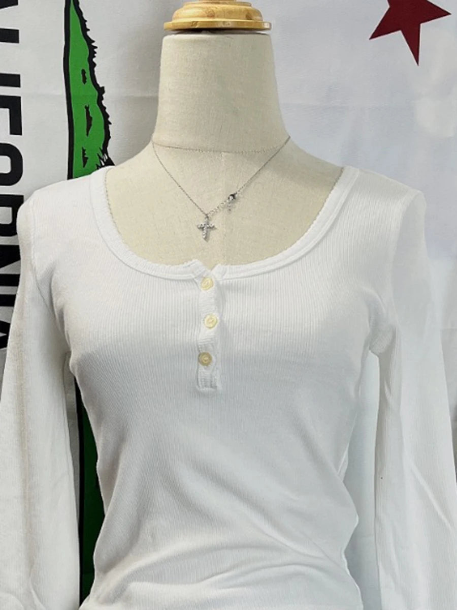 Sweet White Ribbed Button Long Sleeve Tees Women Streetwear Elegant Slim O-neck Cotton Tops Femme Vintage Cute Chic T-shirts Y2K