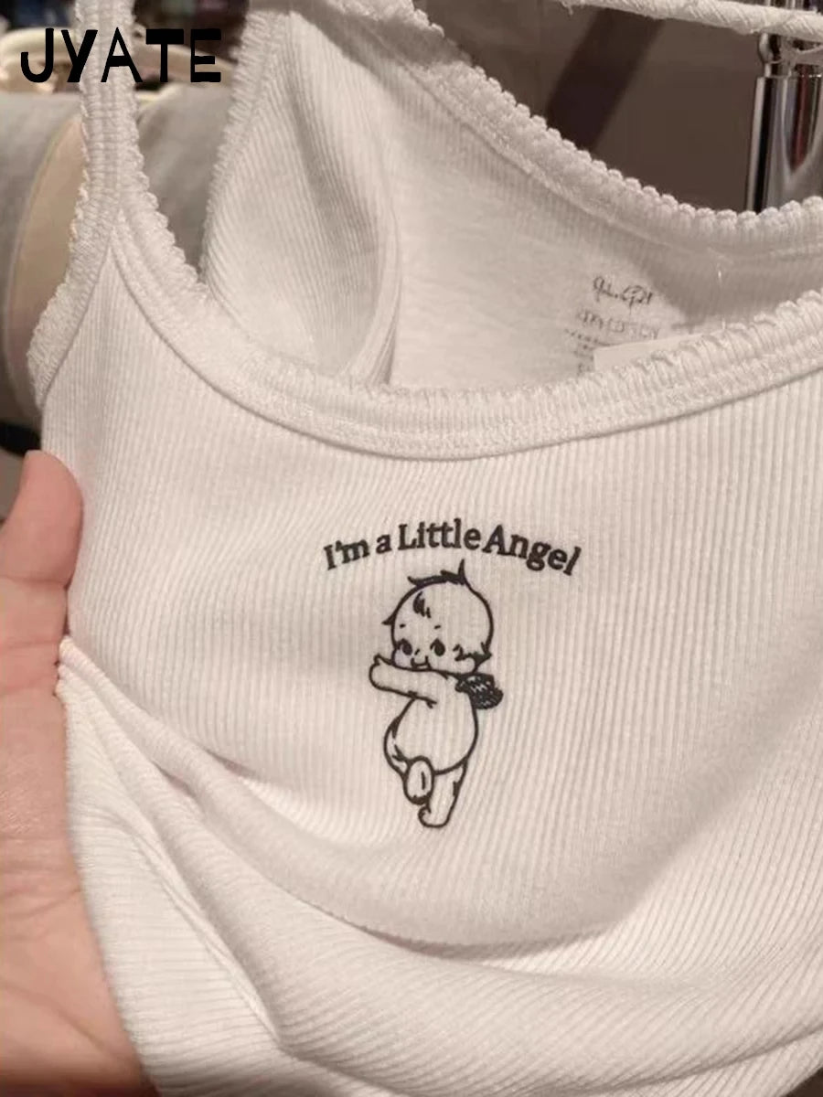 Cute Angel Print Ribbed Camisole Women New Cotton Casual Lace Trim Sleeveless Cropped Vest Girl Sweet Preppy Style Tank Tops Y2K