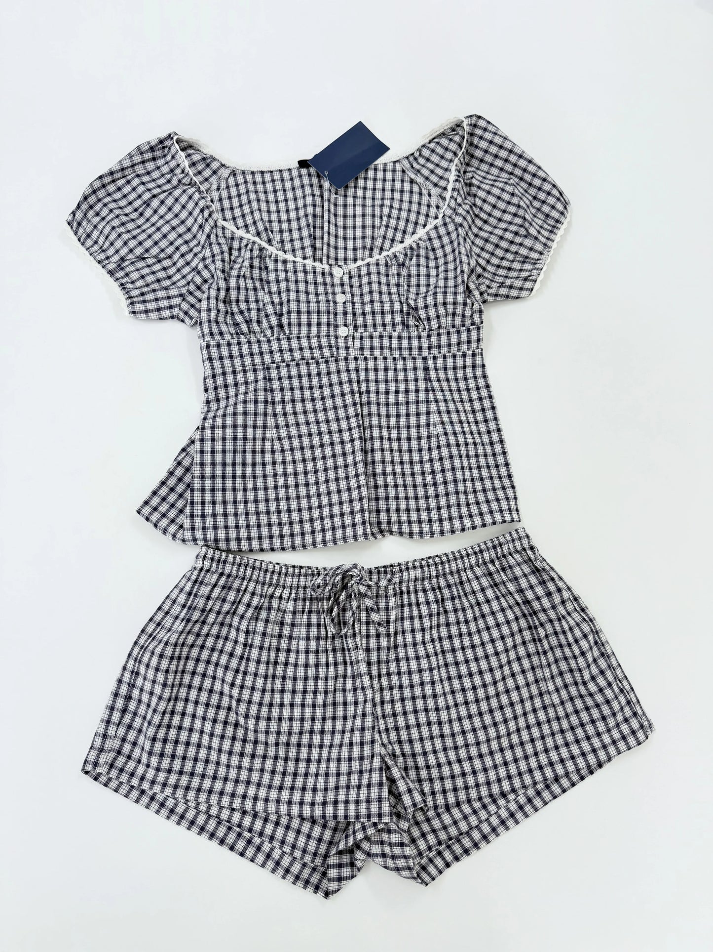 Blue Striped Blouse T-shirt Short Set Women Summer Buttons Slim Tees+Straight Sweatshorts Outfits Sweet Home Pajama 2 Piece Sets