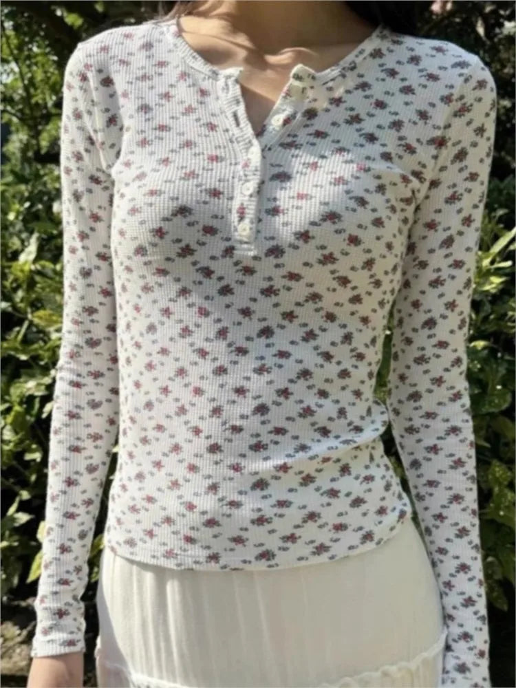 Floral Print Waffle T-Shirt Women Autumn Buttons Round Neck Cotton Slim Long Sleeve Tee Top Vintage Cute Preppy Style Y2K Tshirt