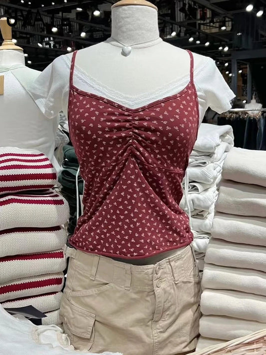 Sweet Red Floral Print Folds V-neck Tank Tops Women Summer New Casual Slim Sexy Sleeveless Vests Vintage Cute Chic Camisole Y2K