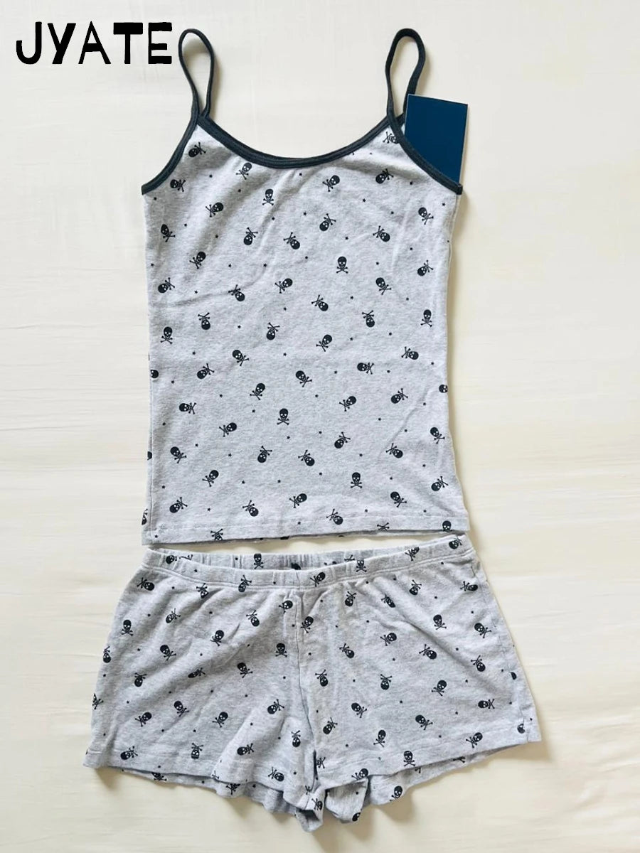 Skull Print Camisole Two Piece Set Women Summer Cotton Tank Tops+Elastic Waist Short Casual Vintage Preppy 2 Sets Y2K