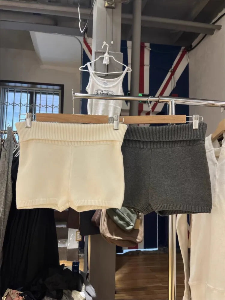 Cute Solid Flanging Knit Shorts Women Spring Elastic Waist Cotton Straight Short Pants Sweet Home Underwear Y2K Sweatshorts New