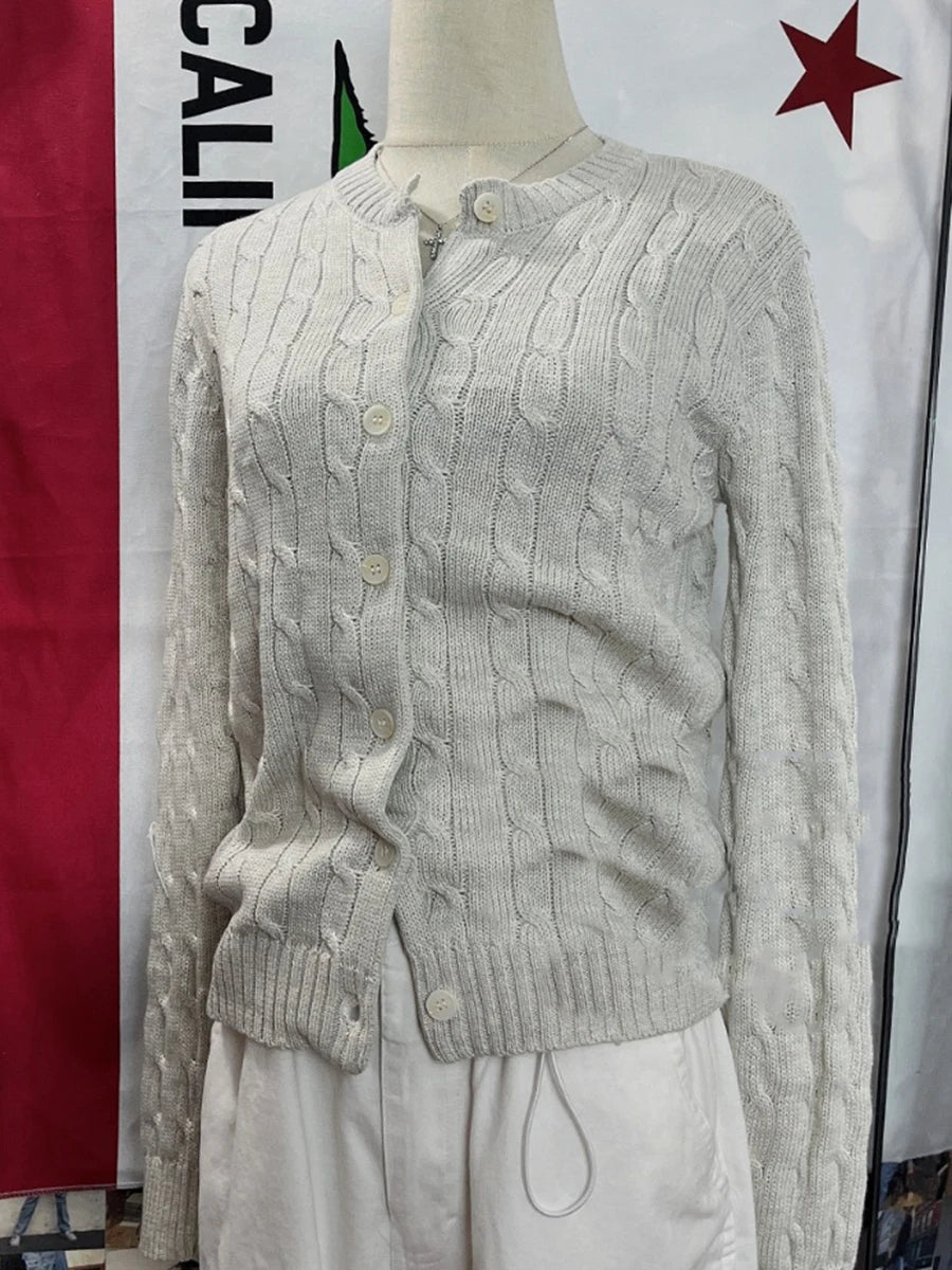 Solid Knit Twist Sweater Coat Women Autumn  O-neck Button Loose Casual Solid Jumper Tops Vintage Harajuku Y2K Chic Cardigan