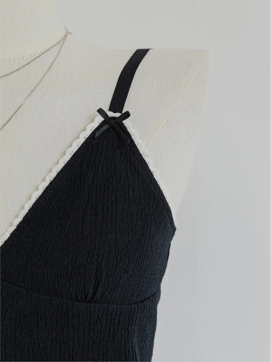 Black Lace Trim Bow Tank Tops Women Summer Casual Streetwear Sleeveless V-neck Sexy Vests Vintage Sweet Preppy Style Camis OOTDS
