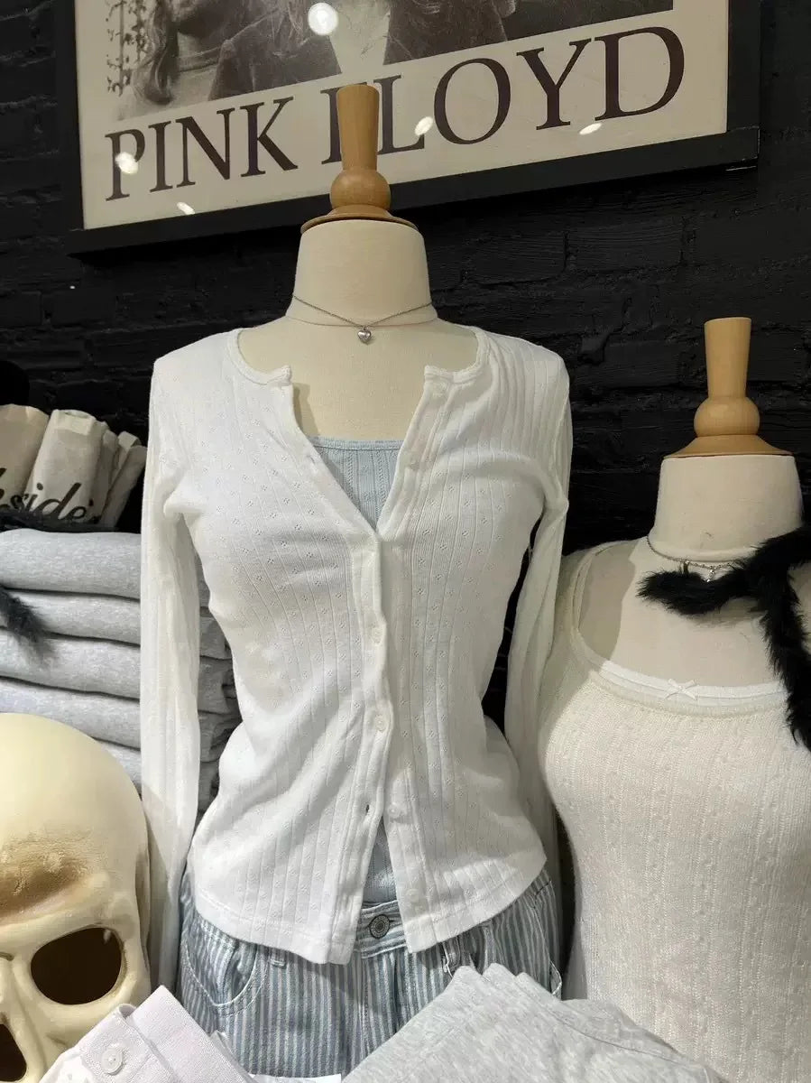 Hollow Out V-Neck White T-shirt Women New Simple Basic Single Breasted Cotton Slim Long Sleeve Tees Chic Sweet Tshirt Y2K Tops