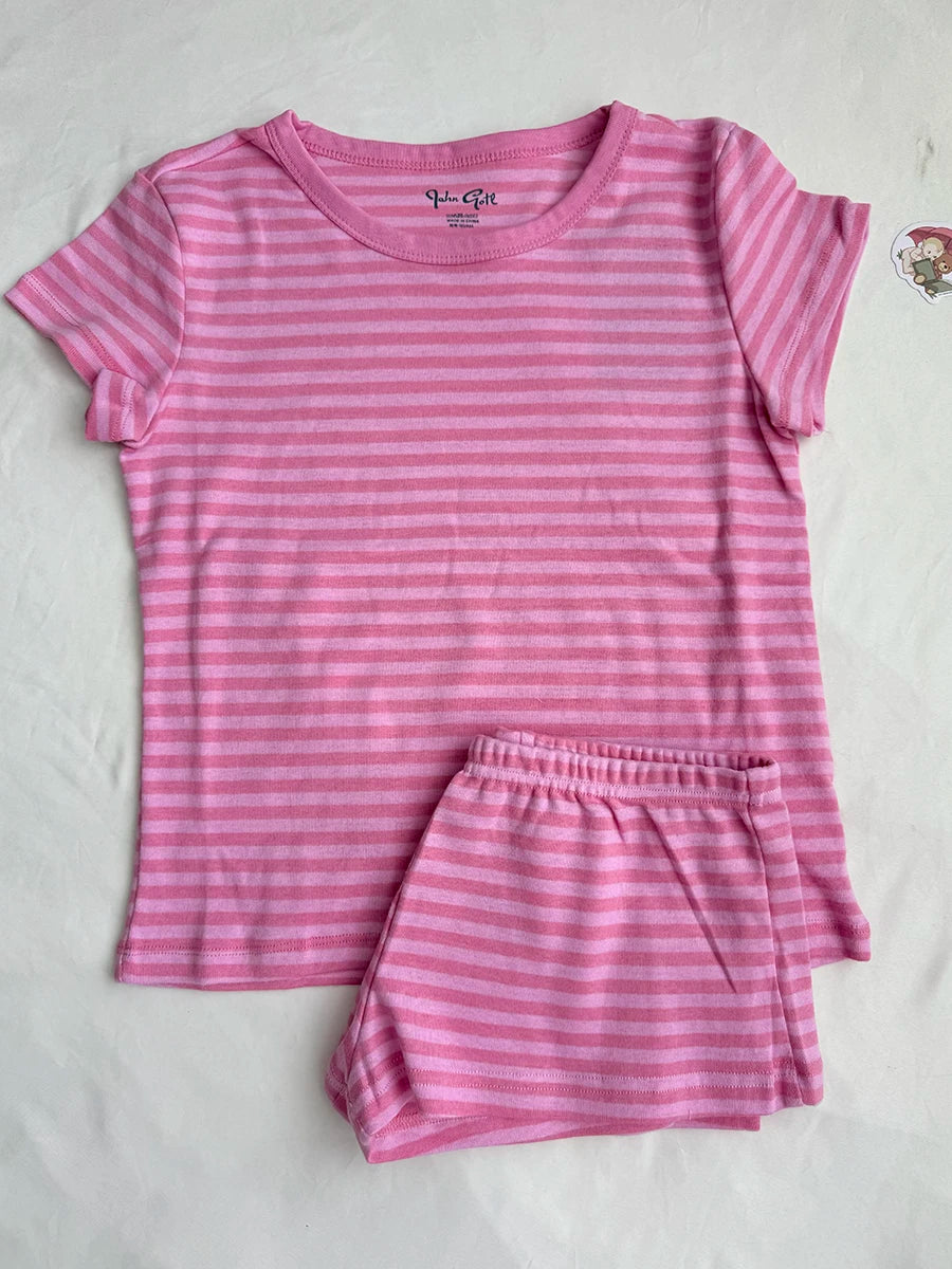 Sweet Pink Striped Collection Tshirt Women Simple Casual Cotton Buttons T-shirts Cute Preppy Style  Y2KCamisole+Slim Short Pants