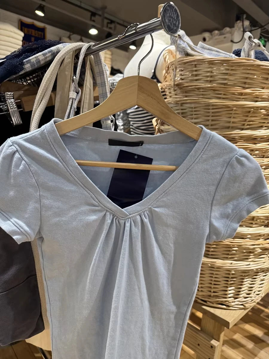 Blue Folds V-neck Slim Tshirts Women Summer Casual Streetwear Chic Cotton Short Sleeve Tees Sweet Cute Simple All-match Tshirt