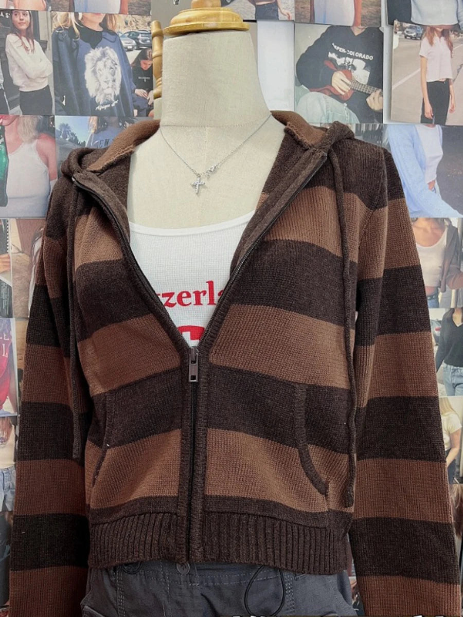 Fashion Striped Pockets Knitted Hooded Sweater Women Autumn Cotton Retro Crop Pullover Tops Vintage Chic Sweet Cardigan Jumper