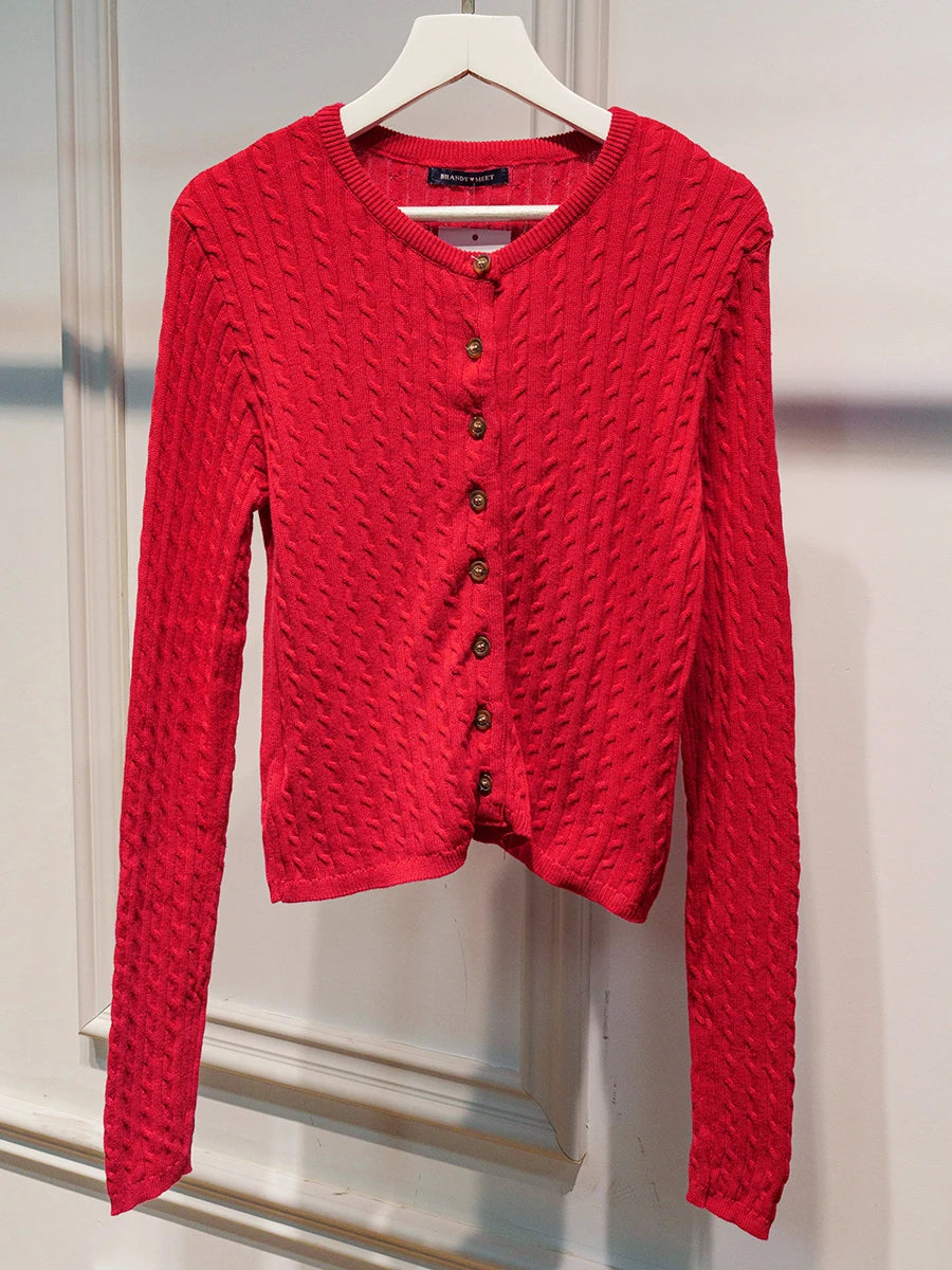 Red Twist flower Sweater Cardigan Women Autumn Casua; Single Breasted Long Sleeve Slim Knitted Coat Simple Crop Top Jumper Y2K