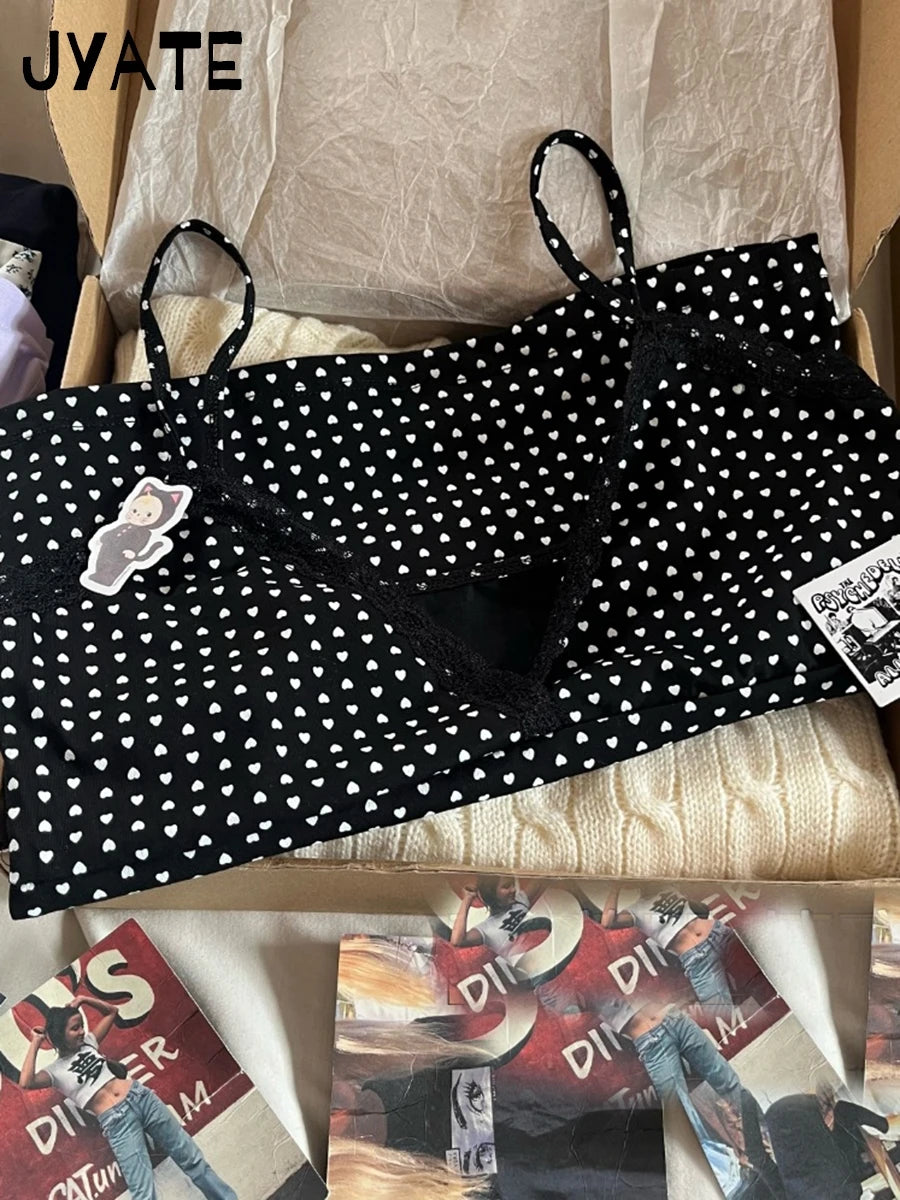 Harajuku Heart Print Lace Trim Black Camisole Women Summer New Cotton Sexy Slim V-neck Cropped Vest Vintage Chic Sweet Tank Tops