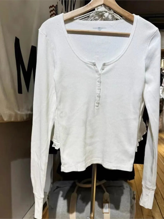 Basic Six Buttons Ribbed Slim Long Sleeve T-shirts Women O-Neck Cotton Tshirts Tops Female All-match Simple Tees Shirt Clothes