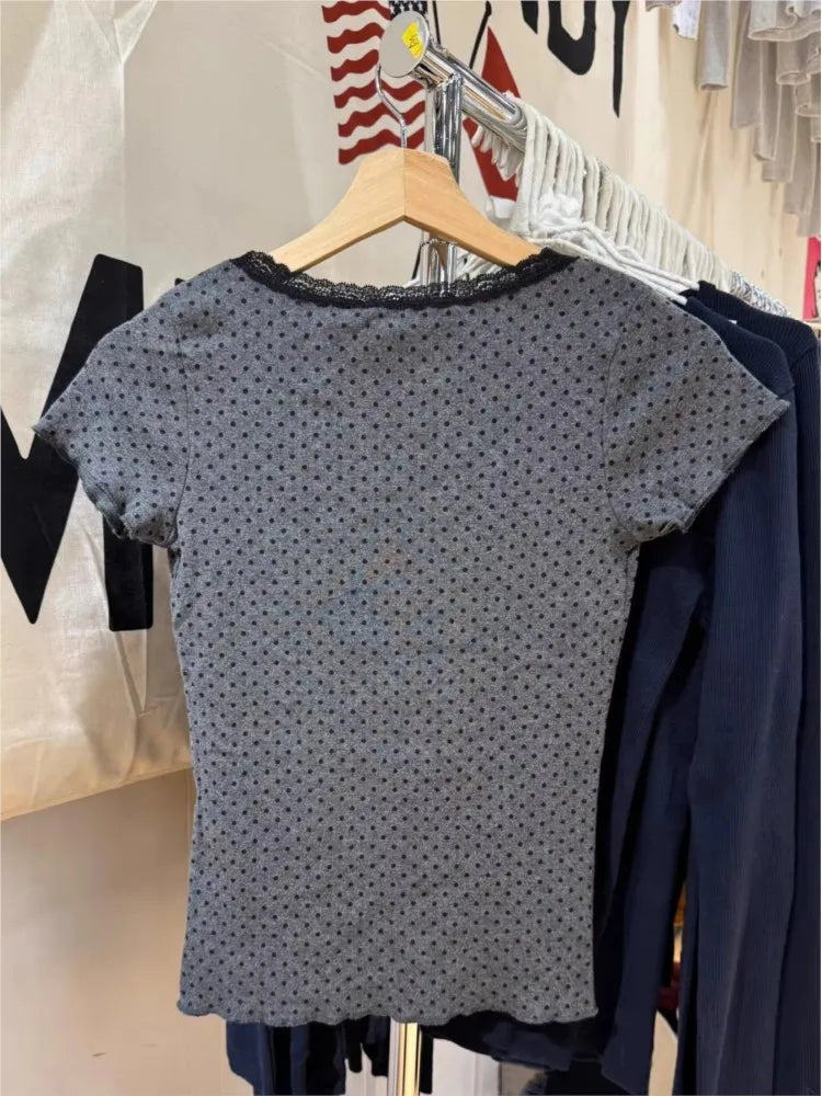 Dot Print Lace Trim Patchwork T-shirts Women New Cotton Casual O-neck Short Sleeve Tees Sweet Preppy Style Cute Tshirt Y2K Tops
