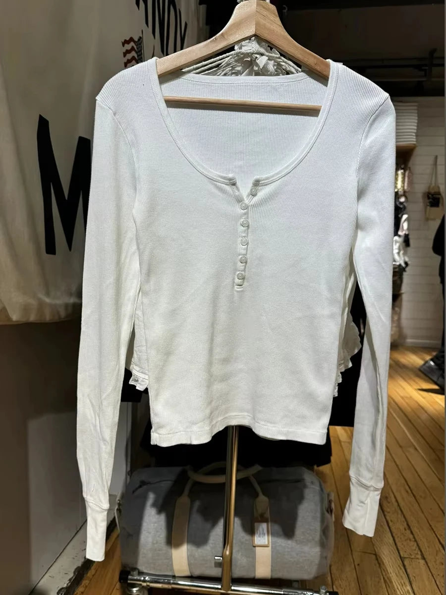 Green Vintage Ribbed Long Sleeve Tee Women's Autumn Six Button Cotton Casual Patchwork Slim T-Shirts Simple Chic Streetwear Tops