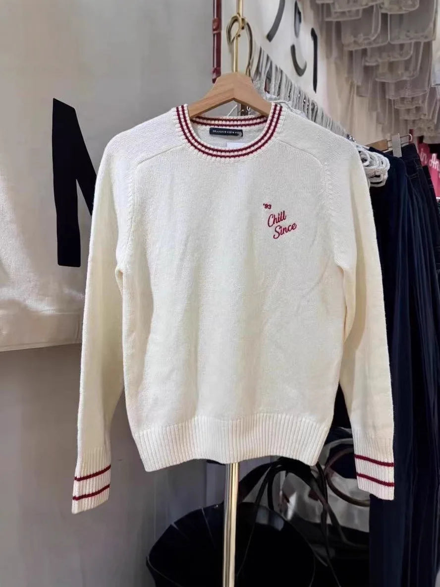 American retro preppy style letter embroidered round neck knit sweater  blocking versatile and slimming pullover sweater