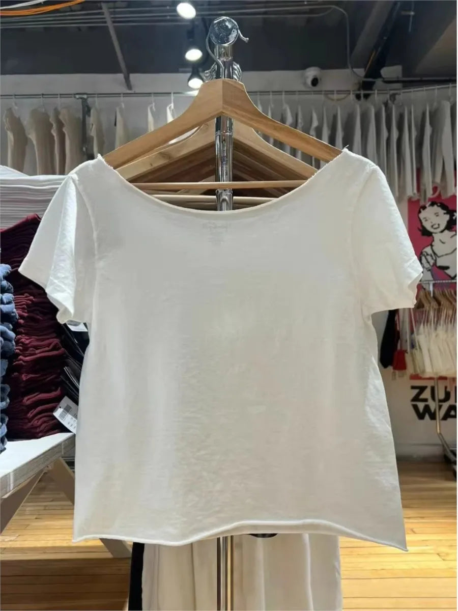 Guitar Print Slash Neck Crop Tops Women Summer New Streetwear Cotton Slim Raw Hem Short Sleeve Tee Sweet Vintage Cute T-shirts