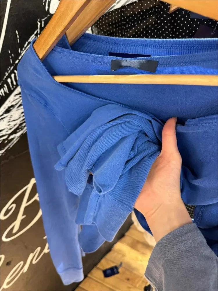 Electric Blue Patchwork Long Sleeve Tee Women Autumn Simple Basic Buttons O-neck Cotton Ribbed Tshirt Sweet Cute Casual T-shirts