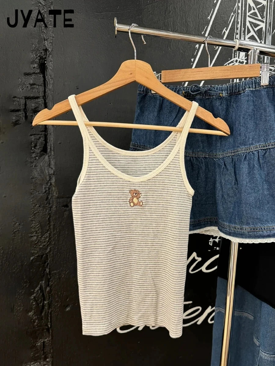 Little Bear Embroidery Slim Tank Tops Women Summer New Casual Cotton Soft U Collar Sleeveless Vests Vintage Sweet Cute Camis Y2K