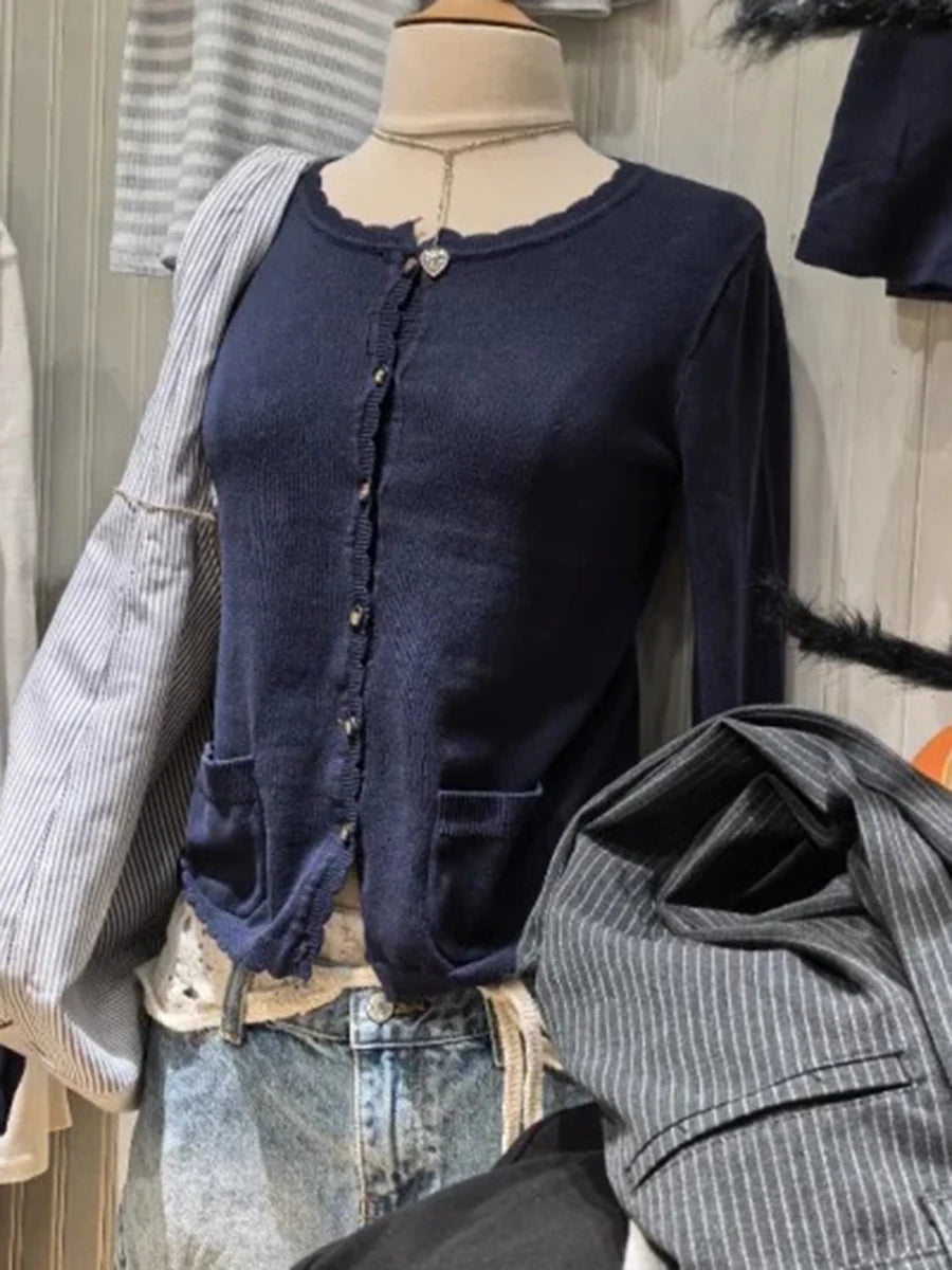 Navy Pocket Knit Sweater Coat Women Autumn Lace Trim Neck Button Casual Solid Jumper Tops Sweet Cute Preppy Style Cardigan New