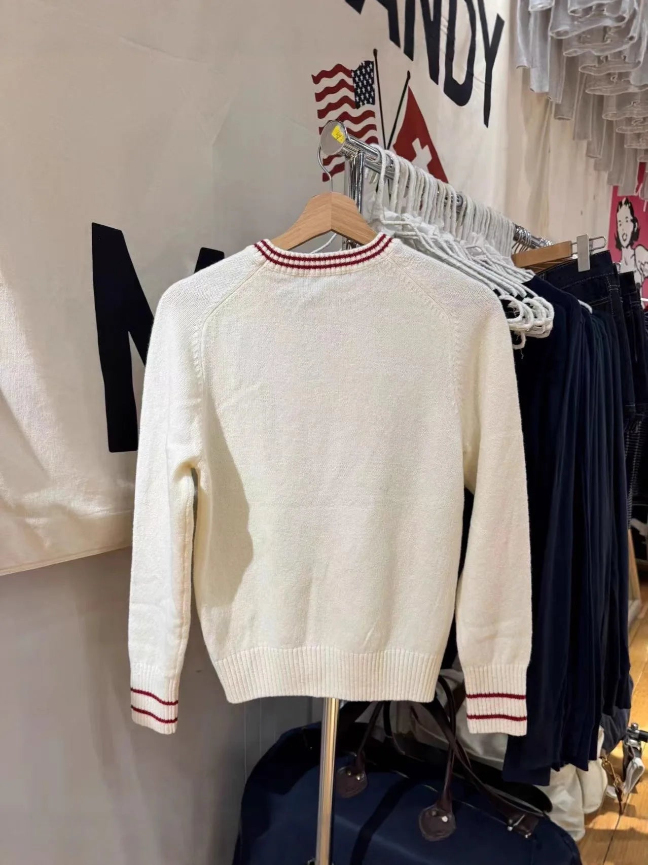 American retro preppy style letter embroidered round neck knit sweater  blocking versatile and slimming pullover sweater