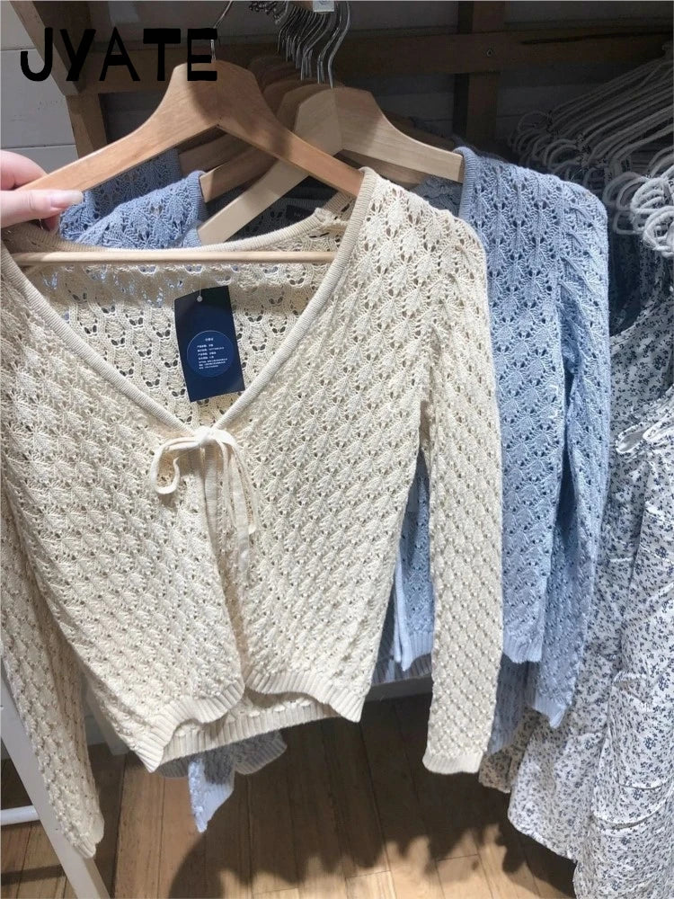 New Hollow Out Lace-up Long Sleeve T-shirt Cardigan Women Casual V-neck Solid Cotton Slim Smock Simple Sweet Basic Tee Y2K Tops
