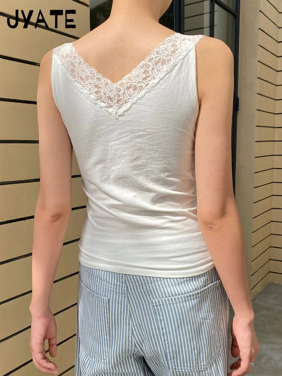 Lace Trim V-neck Sexy Tank Tops Women Summer Casual Cotton White Slim Bow Sleeveless Vests Sweet Cute Preppy Style Camisole Y2K