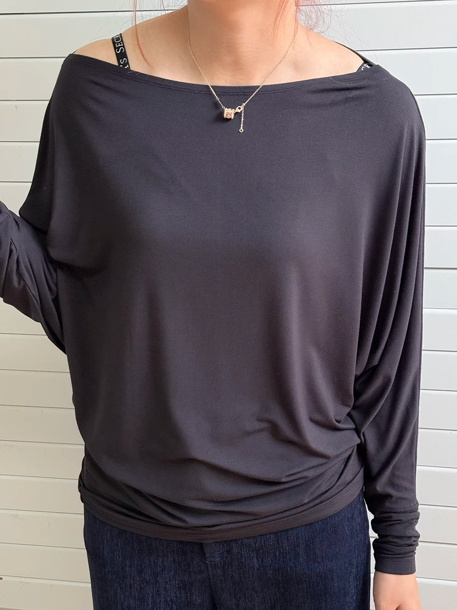 Cement Gray Long Batwing Sleeve T-shirts Woman Sexy Slash Neck Cotton Tee Shirts Female Casual Simple All-match Tshirts Y2k Tops