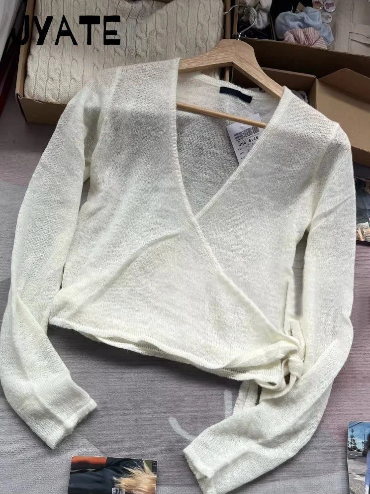 Blue Lace-up Knitted Mohair Sweater Cardigan Women Solid V-neck Cute Long Sleeve Sweaters Sweet Vintage Knitwear Y2K Crop Tops