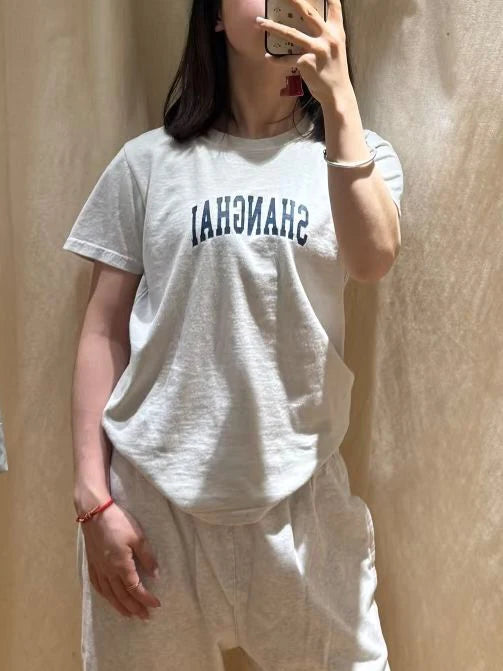 SHANGHAI Print Cement Gray T-shirts Women Casual Letter O-neck Short Sleeve Cotton Tee Shirts Vintage Chic Tshirts Y2k Tops