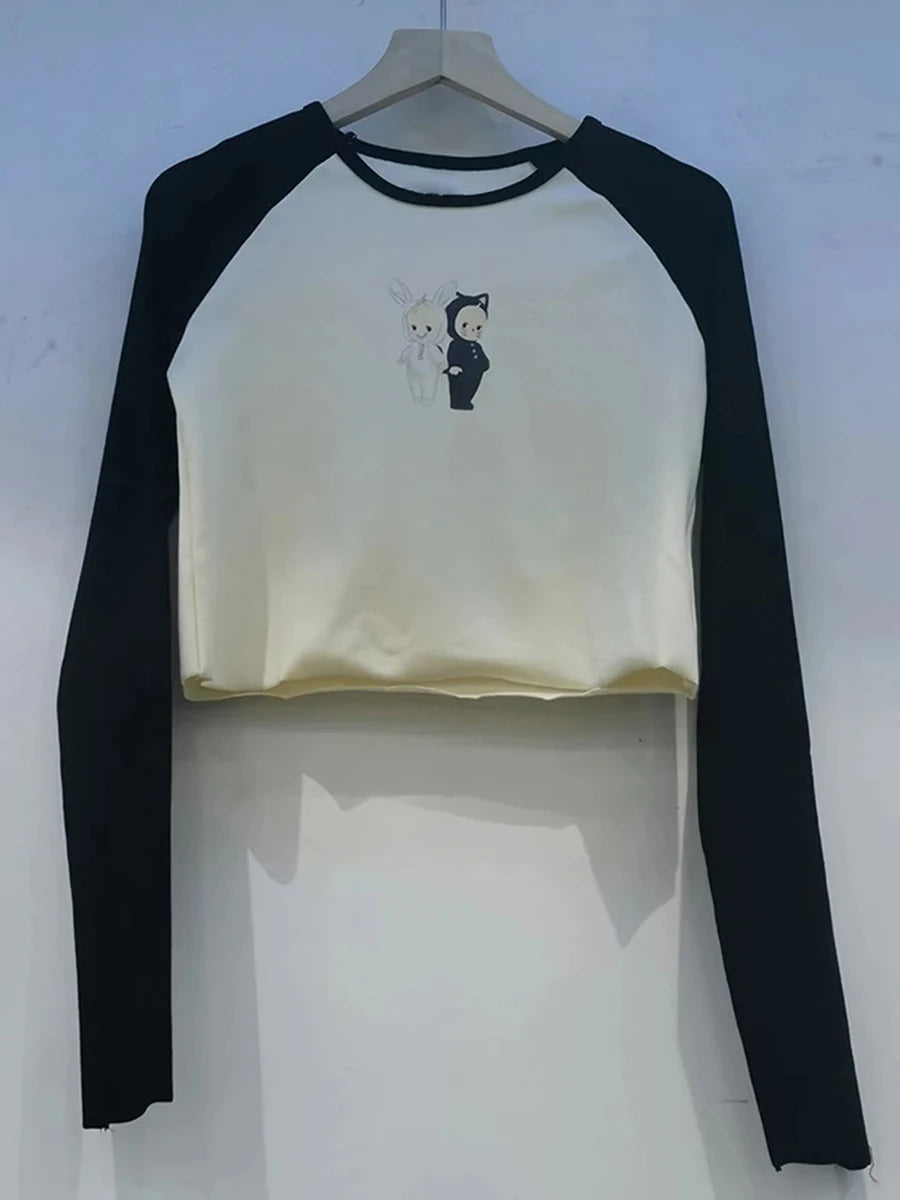 Cute Cartoon Angel Cotton Long Sleeve Tee Women New Casual Patchwork Streetwear T-shirts Female Sweet Vintage Y2K Baby Crop Tops