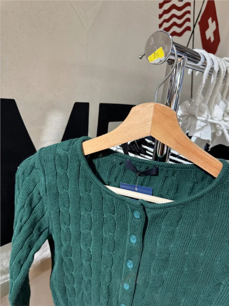 Drak Green O-neck Knit Cardigan Women Spring Cotton Casual Streetwear Slim Cropped Sweaters Vintage Simple Sweet Kniitwear Y2K