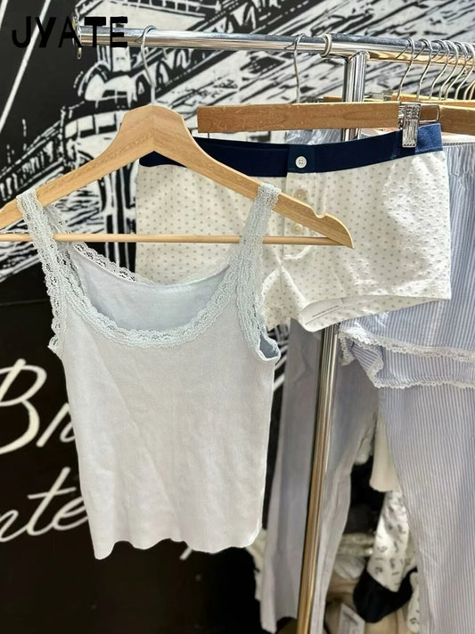 Fashion Blue Lace Trim Slim Cropped Vests Women New Cotton Casual Sexy Basic Sleeveless Tank Tops Sweet Cute Simple Camisole Y2K