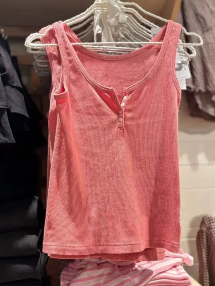 Ribbed Button Tank Tops Women Summer Casual Streetwear Slim Cotton Sleeveless Vests Female Vintage Simple Basic Vest Y2K