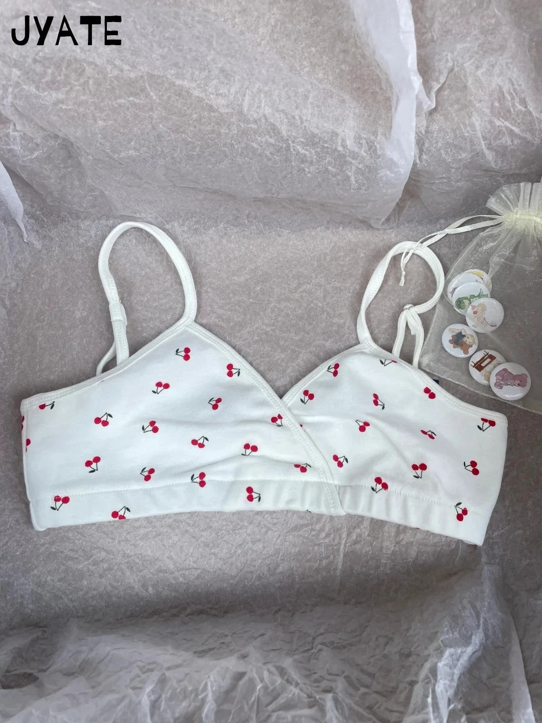 Cherry Print Patchwork Eyelet Camisole Women New Cotton Soft Casual Slim Sleeveless Cropped Vests Vintage Sweet Cute Tank Tops