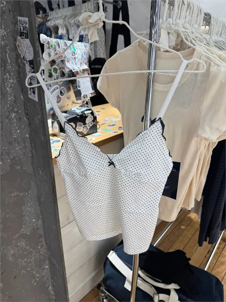 New Black Dot Fungus Trim Bow Crop Top Women Summer Cotton Slim V-neck Sleeveless Camisole Sweet Cute Preppy Style Tank Tops Y2K