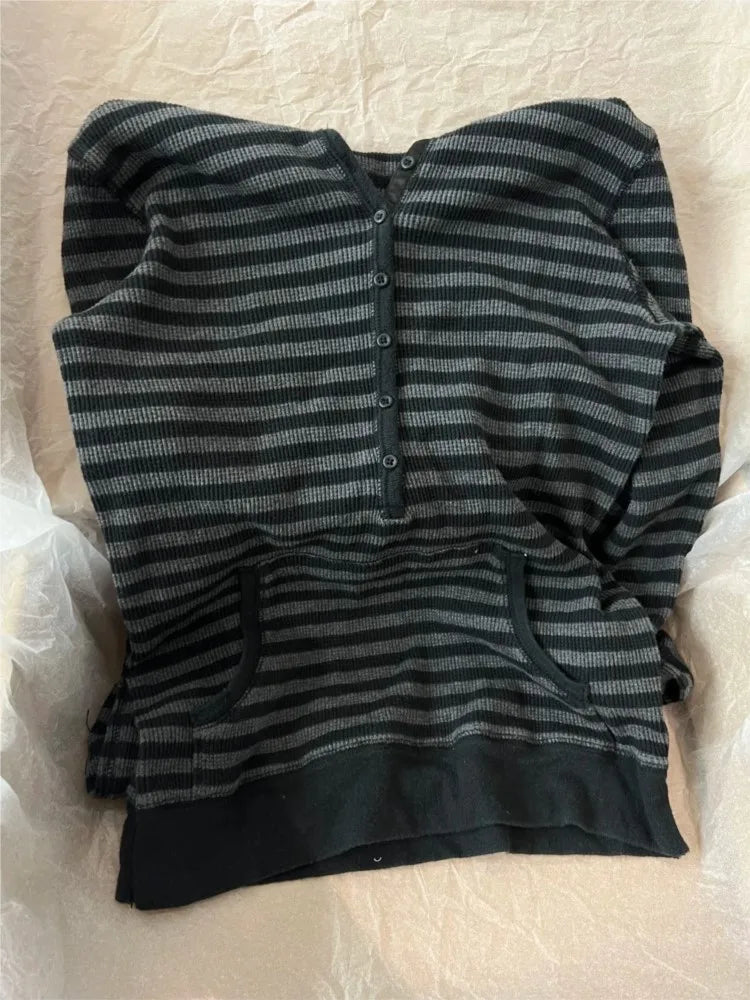 Gray Striped Waffle Hooded T-shirt Women Five  Button CottonSlim Long Sleeve Tee Shirt Casual Preppy Style Vintage Tshirt Y2k