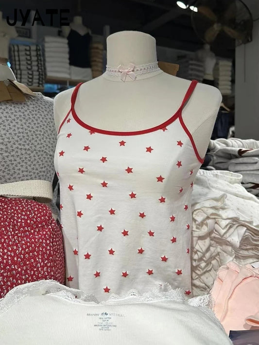 Sweet Red Stars Print Sleeveless Vests Women Summer New Cotton Casual Slim Preppy Style Tank Tops Cute Streetwear Vintage Camis