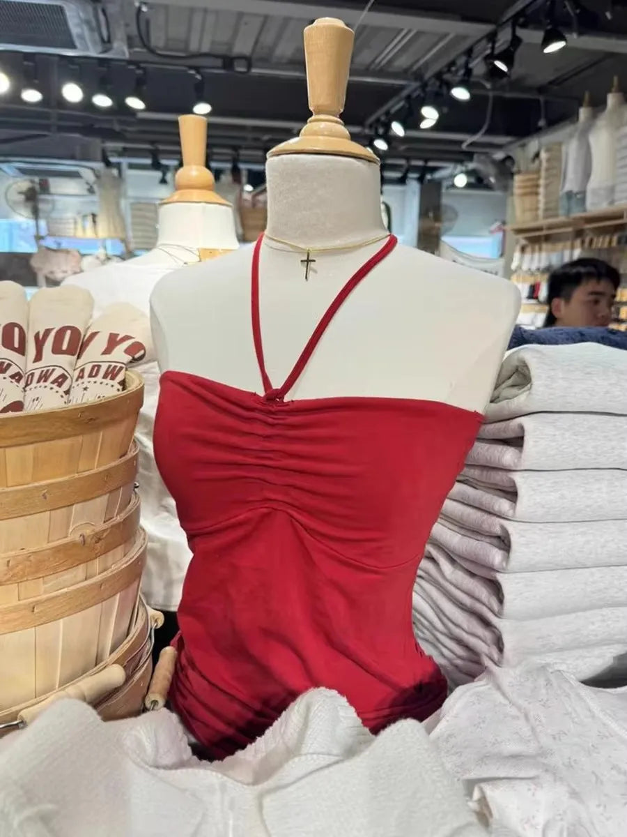 Vintage Red Drawstring Folds Strapless Tank Top Women New Basic Cotton Slim All-match Camis Sweet Preppy Style Vest Y2K Tops
