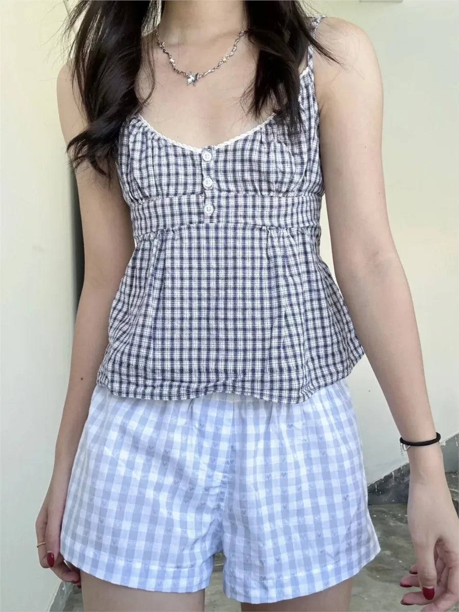 Gray Plaid Slim Buttons Tank Top Woman Summer New Lace Trim V-neck Back Lace-up Cotton Camis Vintage Sweet Chic Crop Tops Y2K