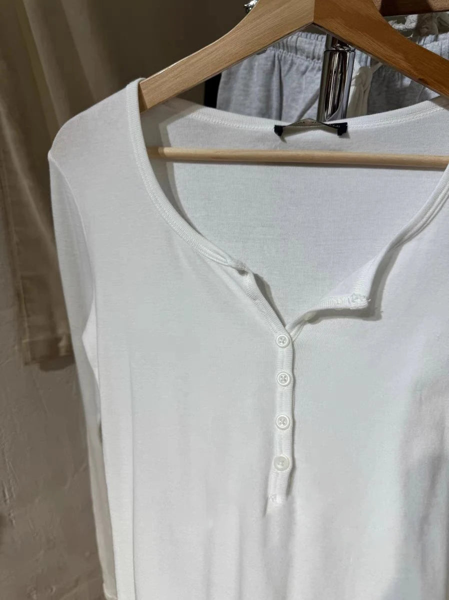 Vintage Buttons White Basic Long Sleeve T-shirts Women Autumn Round Neck Cotton Slim Tee Top Female Sweet Streetwear T Shirt Y2K