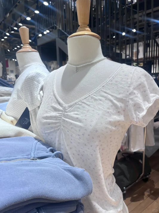 Floral Print Slim V-neck T-shirts Women Bow Sexy Folds Lace Trim Cotton Short Sleeve Tee Shirt Sweet Preppy Style Solid Crop Top