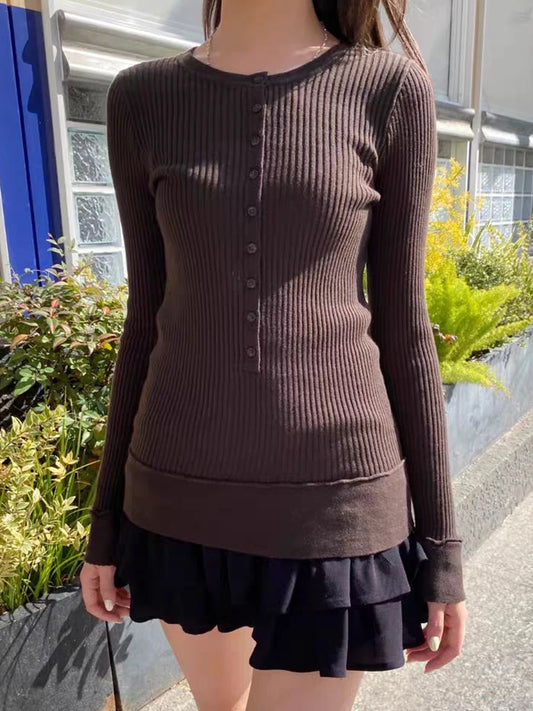 VintageBrown Knitted Long Sleeve T-shirts Women Spring O-neck Buttons Cotton Slim Knitwear Top Female  Preppy Style Tee Tops Y2K