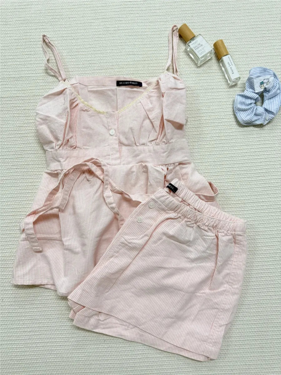 Pink Striped Lace Trim Tank Shorts Set Suit Women New Button Camisole +Elastic Waist Short Pant Sweet Cute Home 2 Piece Sets Y2K