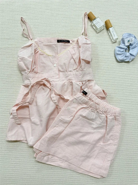 Pink Striped Lace Trim Tank Shorts Set Suit Women New Button Camisole +Elastic Waist Short Pant Sweet Cute Home 2 Piece Sets Y2K