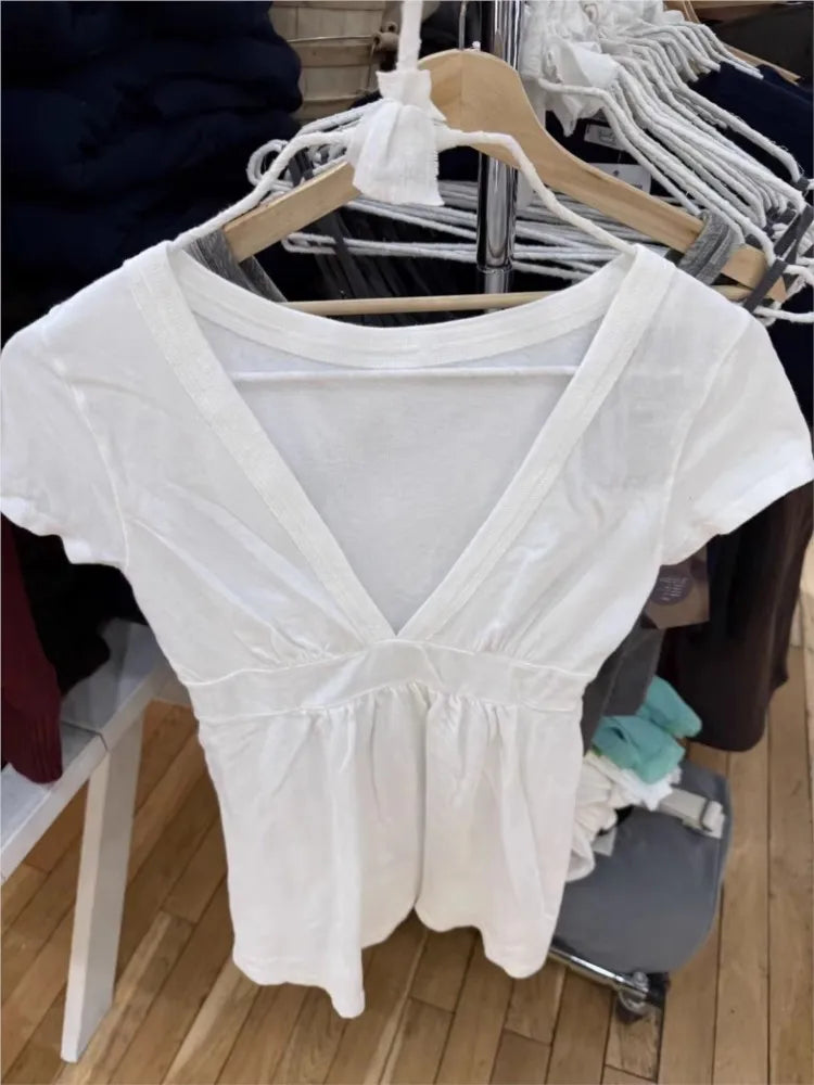 White Fold Long T-shirts Women Summer Sweet Deep V-neck Short Sleeve Slim Tee Shirts Casual Simple All-match Cotton Tshirt y2k