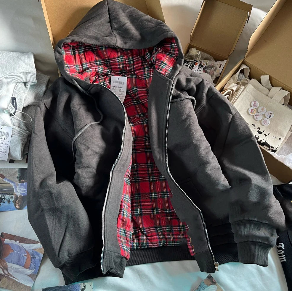 Plaid Print Thick Hoodie Coat Women Autumn Pockets Zip-up Drawstring Classic Pullover Tops Vintage Harajuku Y2K Chic Sweatshirts
