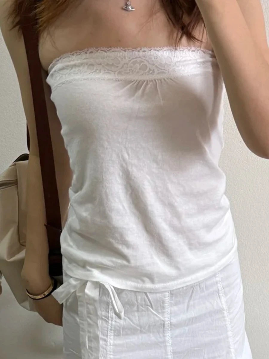Lace-trimmed Strapless Tops Women Cotton Soft Slim  White Sexy Sleeveless Camisole Sweet Cute Chic Tube Tops Y2K