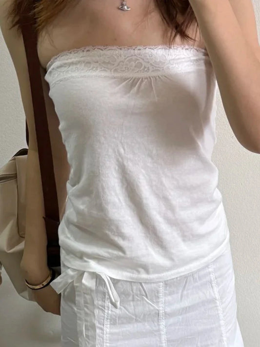 Lace-trimmed Strapless Tops Women Cotton Soft Slim  White Sexy Sleeveless Camisole Sweet Cute Chic Tube Tops Y2K